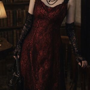 Y2K Lace And Satin Witchy Whimsigoth Red And Black Midi Dress